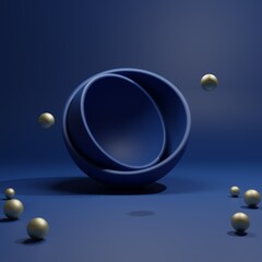 3d render of an sphere and dark bleu studio with gold balls 