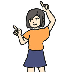 両手で指さしする女性