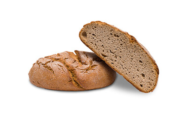 Bread cut in half, isolated on a white background.