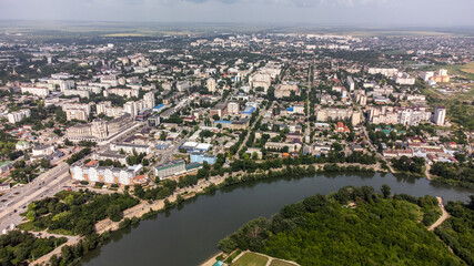 Aerial view of Tiraspol parliament with Lenin statue in an unrecognised communist country...