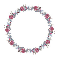 Winter Christmas wreath with branches and flowers