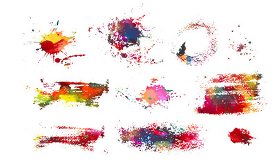 Set of multi-colored blots of paint. Multi color blots background. Grunge texture stroke line. Art ink dirty design. Paintbrush element. Brushstroke graphic. Vector illustration