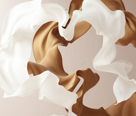 Flying fabric design elements abstract background, beige and white floating pieces of cloth. 3d rendering flowing scarf fashion banner