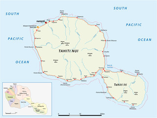 Obraz premium tahiti road and administrative map, Society Islands, France