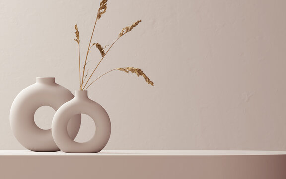 Minimalist interior decor with ceramic vase and dry plant, minimal boho neutral 3d rendering aesthetic background