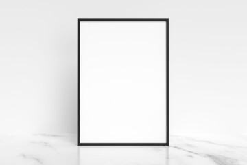 Vertical frame on marble table for mockup. A4, A3 format. 3d rendering.