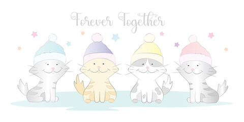 Funny cats with colorful winter hats isolated on white background vector illustration