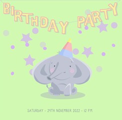 birthday party card  with cute elephant	
