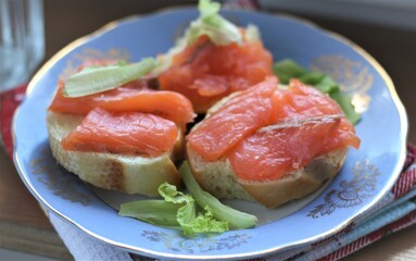 Closeup sandwich with salmon and salad on plate food nobody seafood vegetable healthy fresh yummy appetizer meal fish