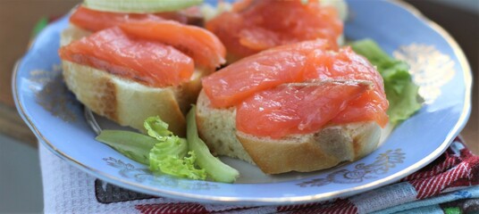 Closeup sandwich with salmon and salad food eat tasty seafood nobody breakfast diet appetizer