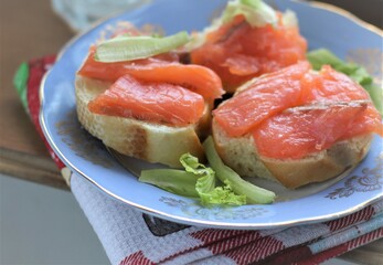 Closeup sandwich with fisn salmon plate food eat kitchen tasty health bread nobody breakfast dinner seafood