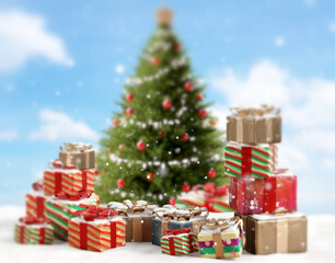Christmas background with Christmas gifts in front of a tree on snow 3d-illustration
