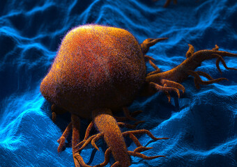 Cancer cell under the microscope. 3D illustration