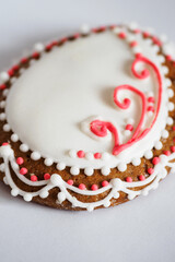 Painted gingerbread eggs on a white background.