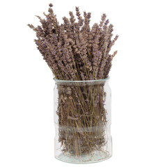 Dried lavender branches at vase at white backgrou. Minimal scandinavian style interior.