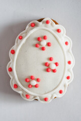 Painted gingerbread eggs on a white background.