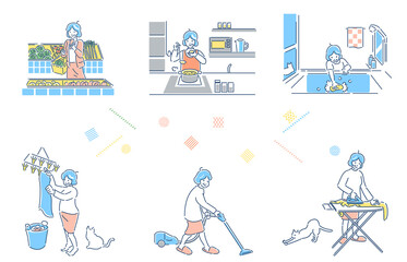 家事をする人物セット　シニア　女性　イラスト