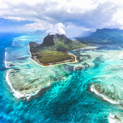 Aerial view of Le Morne Brabant and the Underwater Waterfall optical illusion and natural...