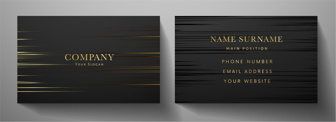 Business card with luxury line pattern in gold, black color on black background. Formal premium template for invitation design, Gift card, voucher or luxe name or credit card