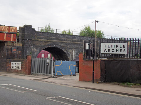 globe road in leeds with the temple arches chow down event venue and surrounding holbeck railway viaduct