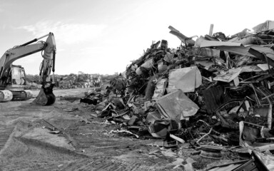 Junk yard, industrial metal recycling, metal waste, black and white image