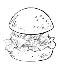 Hamburger, hand drawn vector illustration, monochrome