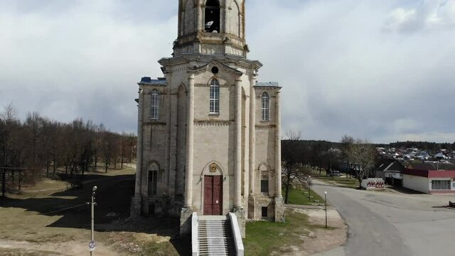 pseudo-gothic temple of the life-giving trinity in the village of Gus Zhelezny, Kasimovsky district, Ryazan region, Russia. filmed from drone