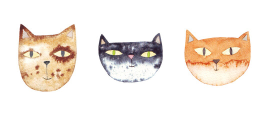 Cat head in cartoon style for cards, covers, poster, children decor and scrapbooking. Funny kitten. Hand-drawn watercolor set with different cats. 