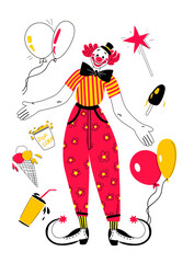The circus. The clown is smiling in red, yellow, white and black, drawn in a doodle style, with balloons, popcorn ice cream, a drink, and a magic wand drawn next to it. Stock vector illustration 