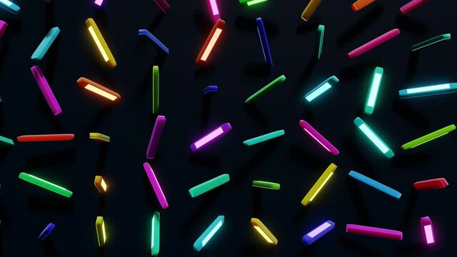 4r loop dark background with abstract blocks on plane like devices with screen lighting with multicolor neon light. Bg for festive show or holiday events, concerts, music videos, VJ for night clubs.