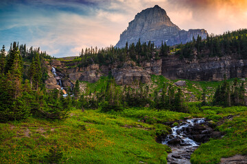 Sunset on Mt Oberlin and Falls on the Going-to-the-Sun Road, Glacier National Park, Montana