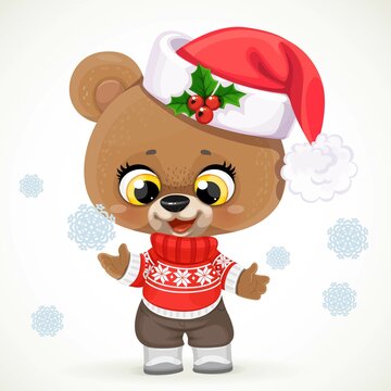 Cute cartoon teddy bear in christmas sweater and Santas red cap stand on a white background and play with snowflake