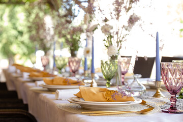 decorative table setting with beautiful dishes and flowers