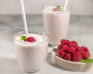 Homemade raspberry yogurt, healthy vitamin breakfast concept