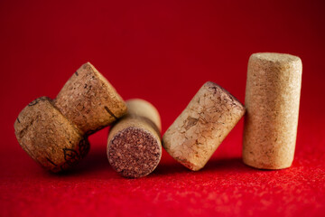 wine corks close-up on a red background