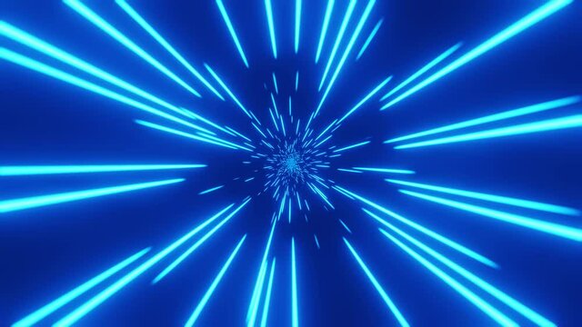 Loopable: Interstellar flight at warp speed, space jump through blue hyperspace. Abstract space background.