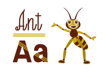 Letter Aa, ant, letters of the English alphabet with a picture, the word ant and insect drawing, color illustration on a white background, for print and design