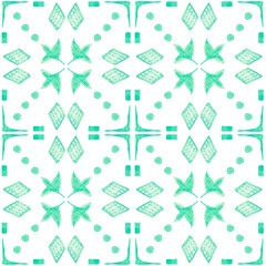 Azulejo watercolor seamless pattern. Traditional Portuguese ceramic tiles. Hand drawn abstract background. Watercolor artwork for textile, wallpaper, print, swimwear design. Green azulejo pattern.