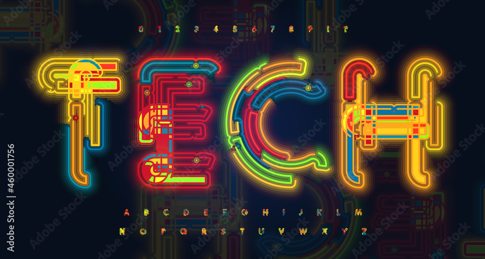 Aufkleber neon light font, alphabet for hud, data and research. bright luminous tube letters from contour line