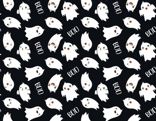 Naklejka premium Tiled, seamless, cute Kawaii Halloween character repeat print for background and textile design. Friendly ghosts.