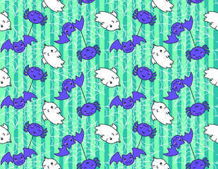 Tiled, seamless, cute Kawaii Halloween character repeat print for background and textile design. Spiders, spider webs, bats and friendly ghosts.