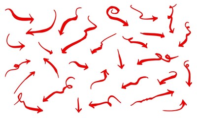 hand drawn Arrows set. Red arrow icon with various directions. Doodle vector illustration. isolated on a white background