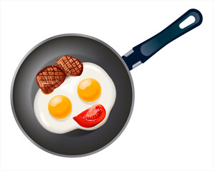 Overhead view above of delicious beef meat burger in a frying pan with two fried eggs. Rosemary and tomato slice . Raster illustration of cooking.