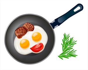 Overhead view above of delicious beef meat burger in a frying pan with two fried eggs. Rosemary and tomato slice . Realictic illustration of cooking.	
