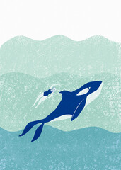 Woman swimming with whale in the ocean. © SofiaMartina