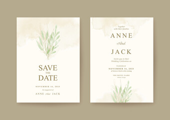 Fototapeta na wymiar Minimalist Wedding invitation template with gold and green leaves