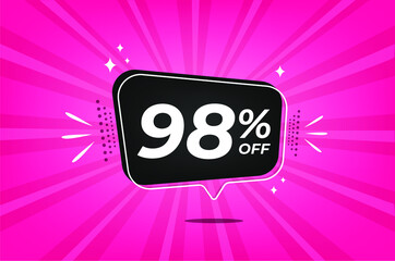 98 percent discount. Pink banner with floating balloon for promotions and offers.