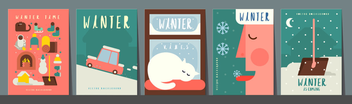 Winter time. Set of vector illustrations. Simple backgrounds. Funny pictures about winter vibe. Collection of banners.