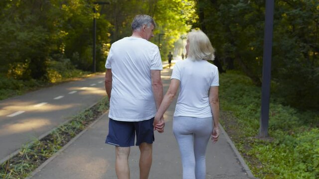 Back view of active senior couple in love walking together in public park, holding hands, follow shot
