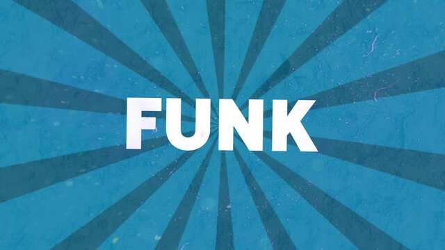 Animation of funk in white text with colourful distortion over rotating blue stripes